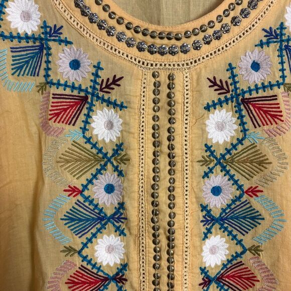 Sundance Sacred Songs Embroidered Yellow Scoop Neck Cotton Tunic Top Medium - Picture 6 of 9